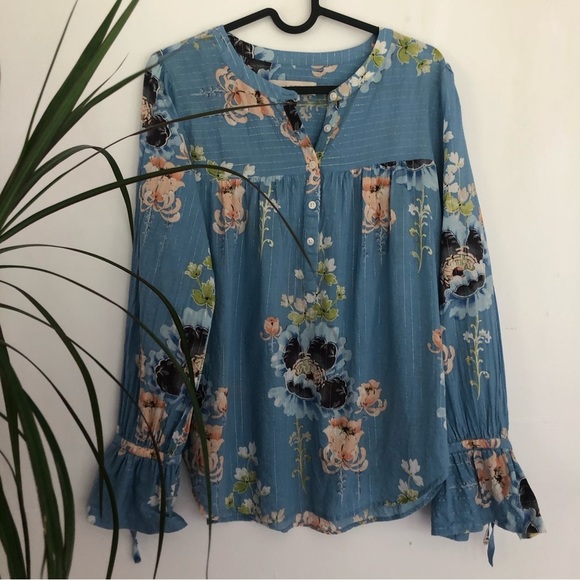 LOFT Women’s Blue Floral Cotton Blend Long Fluted Sleeve Blouse  Size S - Picture 1 of 10